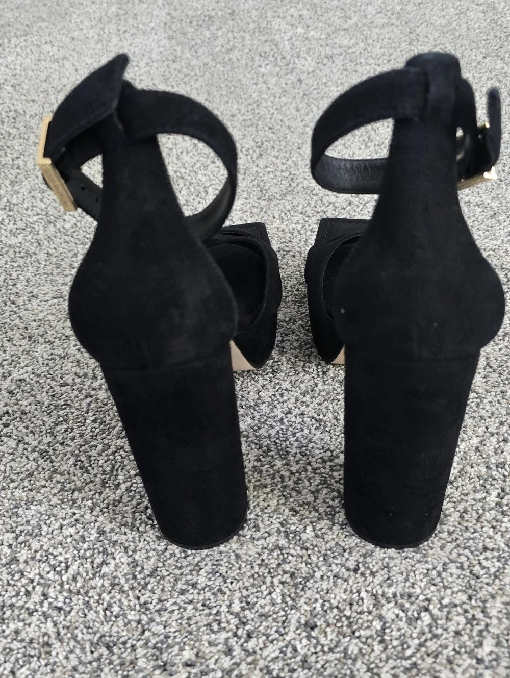 Good American Black Suede Square Toe Platform Ankle Strap Heels